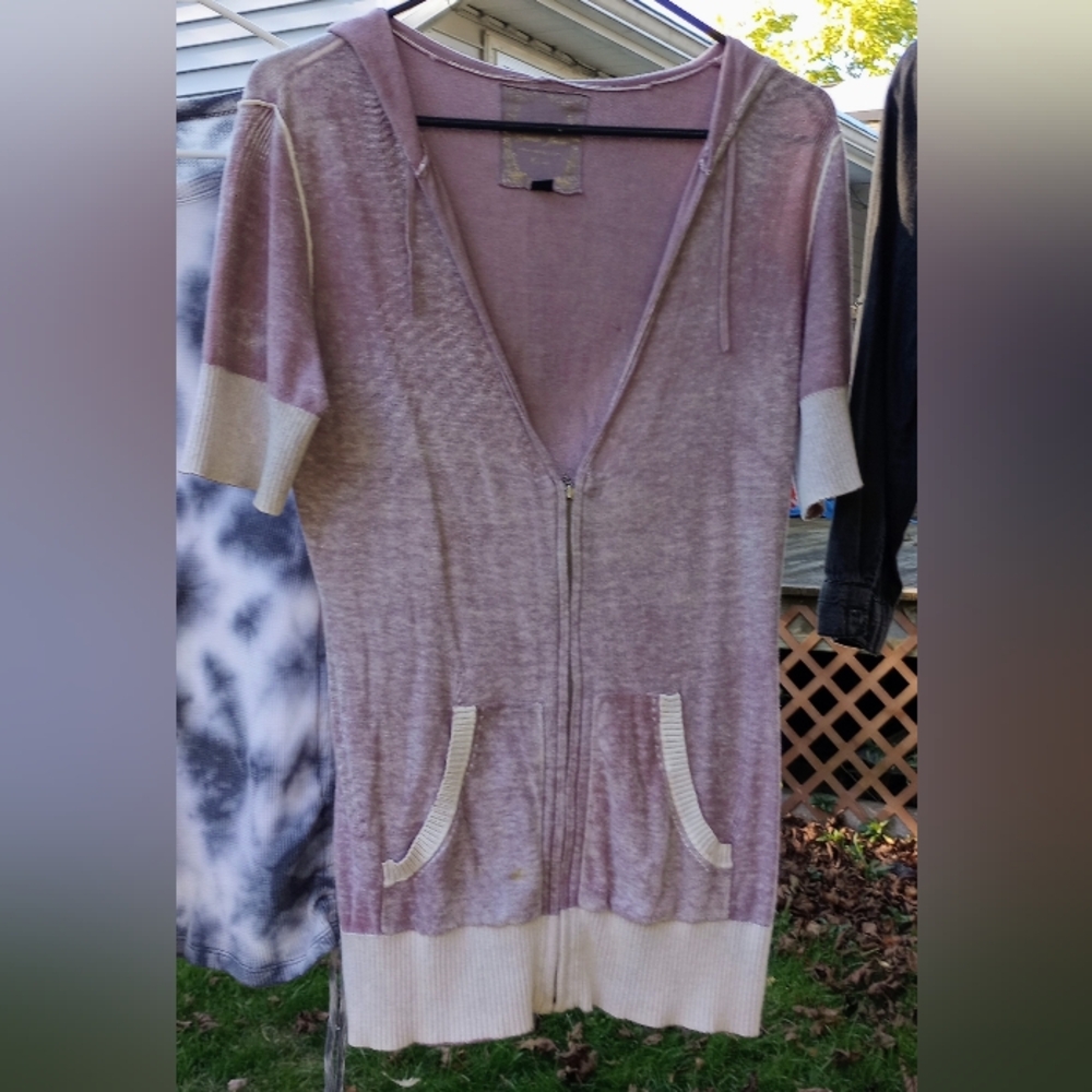 NUDE Women's Heathered Purple Colorblock Zip-Up Short Sleeve Sweater